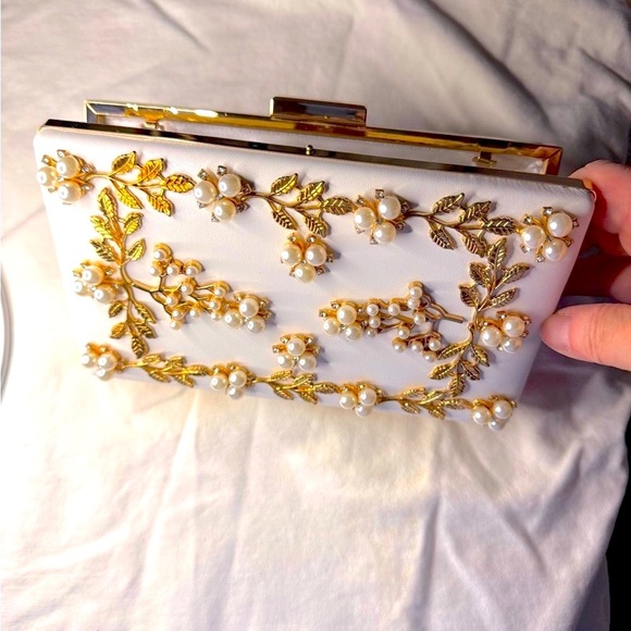 New Refined White Clutch Embellished with Pearls and Gold Accents